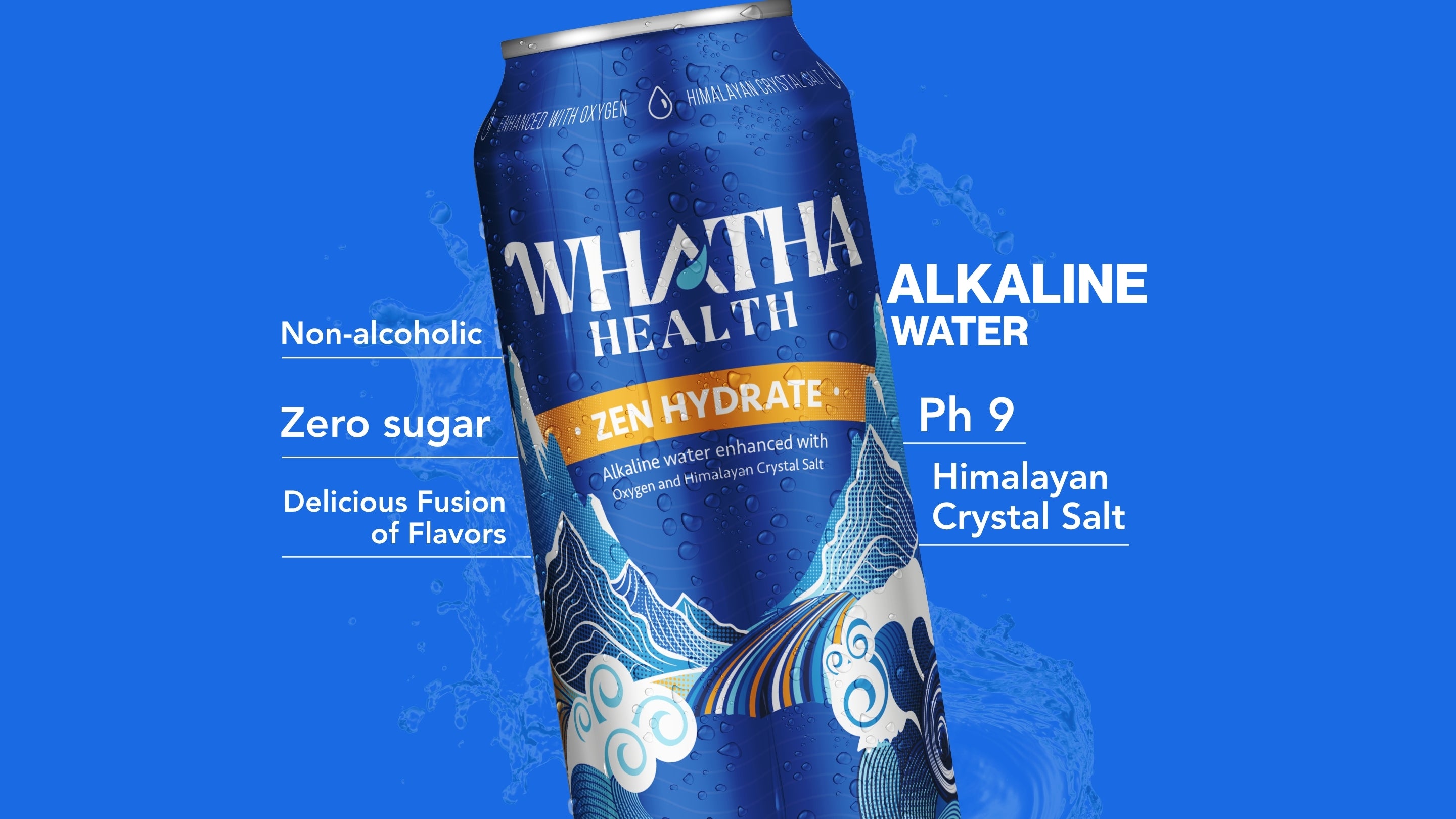 A blue can of ZEN HYDRATE from WHATHA HEALTH. The label indicates it is alkaline water with a pH of 9, enhanced with oxygen and Himalayan Crystal Salt, non-alcoholic, zero sugar, and with a 'delicious fusion of flavors'.