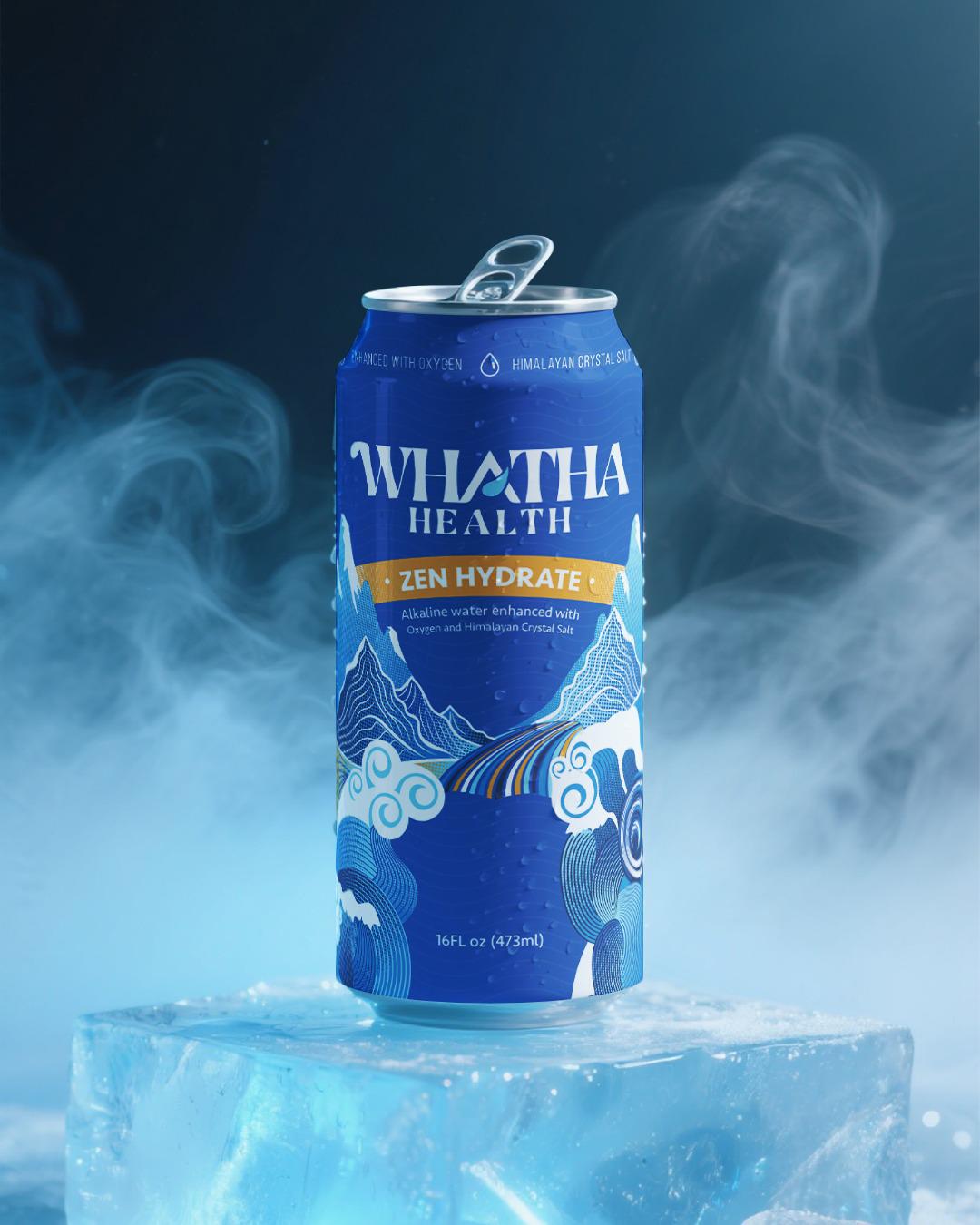 Whatha Health Zen Hydrate can on a block of ice with smoke effects