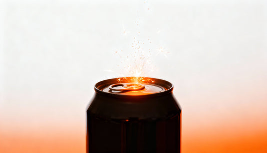A dark metal can emitting bright orange sparks from the top, symbolizing the energy and innovation behind modern CBD, THC and functional beverages, including emerging cannabinoids like Delta-8, Delta-9 and CBN.