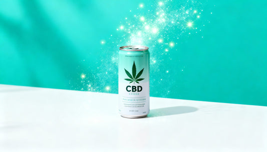 A sleek CBD-infused beverage can with a cannabis leaf design, set against a bright turquoise background with glowing sparkles, symbolizing the calming and functional effects of cannabinoids and modern CBD wellness products.