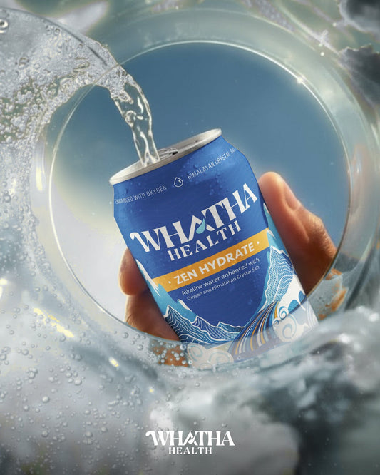 Blue Whatha Health Zen Hydrate can splashing in water — alkaline functional drink.