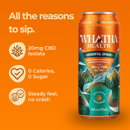 A 16 fl oz can of Whatha Health 'Mindful Spark' CBD drink