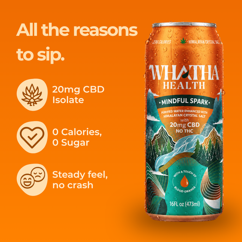 A 16 fl oz can of Whatha Health 'Mindful Spark' CBD drink