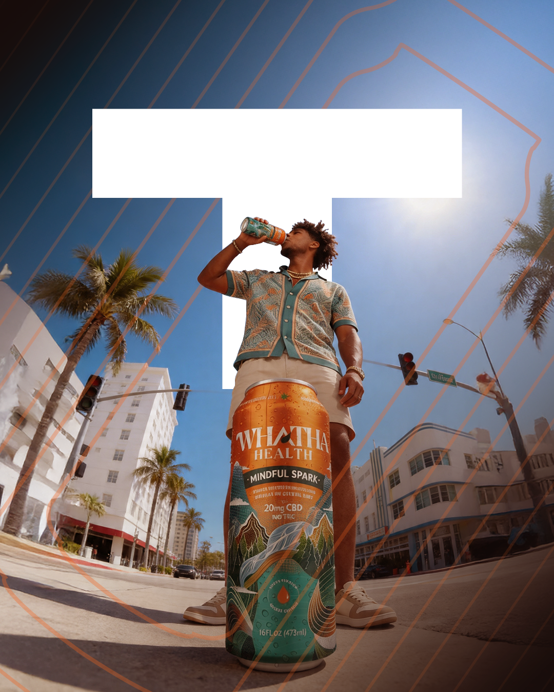Person drinking from a can on a city street with palm trees and buildings in the background Whatha Health
