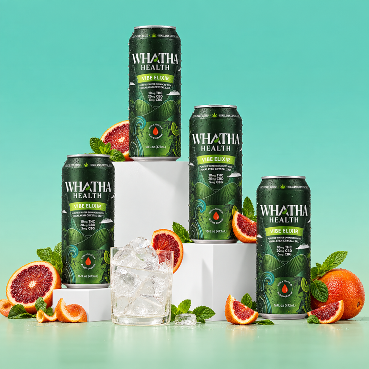 Four cans of Whatha Health Pure Flux energy drink arranged on white pedestals with sliced blood oranges, mint leaves, and a glass of iced drink on a mint green background.