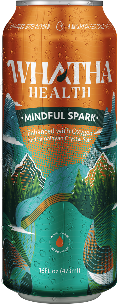 An orange and green can of WHATHA HEALTH from the MINDFUL SPARK line. The label states it's 'Enhanced with Oxygen and Himalayan Crystal Salt' and features a mountain design with a drop icon indicating it has 'A Touch of Blood Orange'