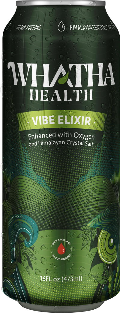 A green can of WHATHA HEALTH from the VIBE ELIXIR line. The label states it's 'Enhanced with Oxygen and Himalayan Crystal Salt' and features a mountain and water drop design with a red drop icon indicating it has 'A Touch of Blood Orange'