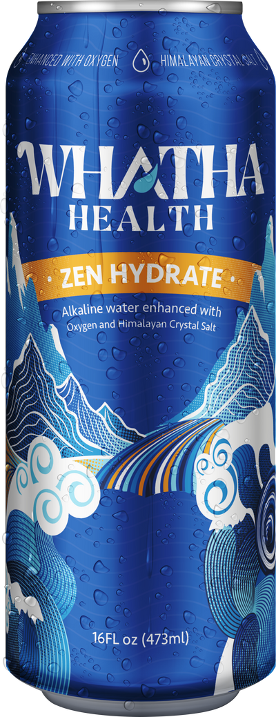 A blue can of WHATHA HEALTH from the ZEN HYDRATE line. The label states it is 'Alkaline water enhanced with Oxygen and Himalayan Crystal Salt' and shows a mountain and river design with water droplets on the can.