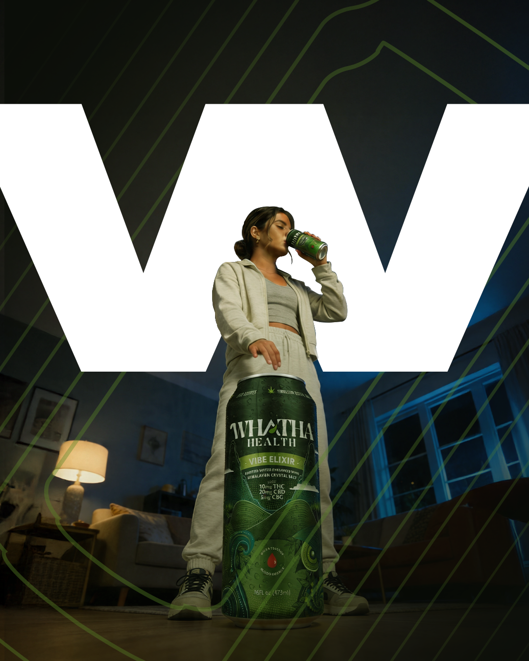 Person holding a large can of Whatha Health in a room with a prominent 'W' in the background.