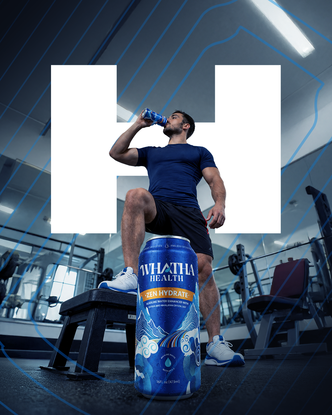 Person drinking from a water bottle with a large 'H' in the background, featuring a can of Alkaline water