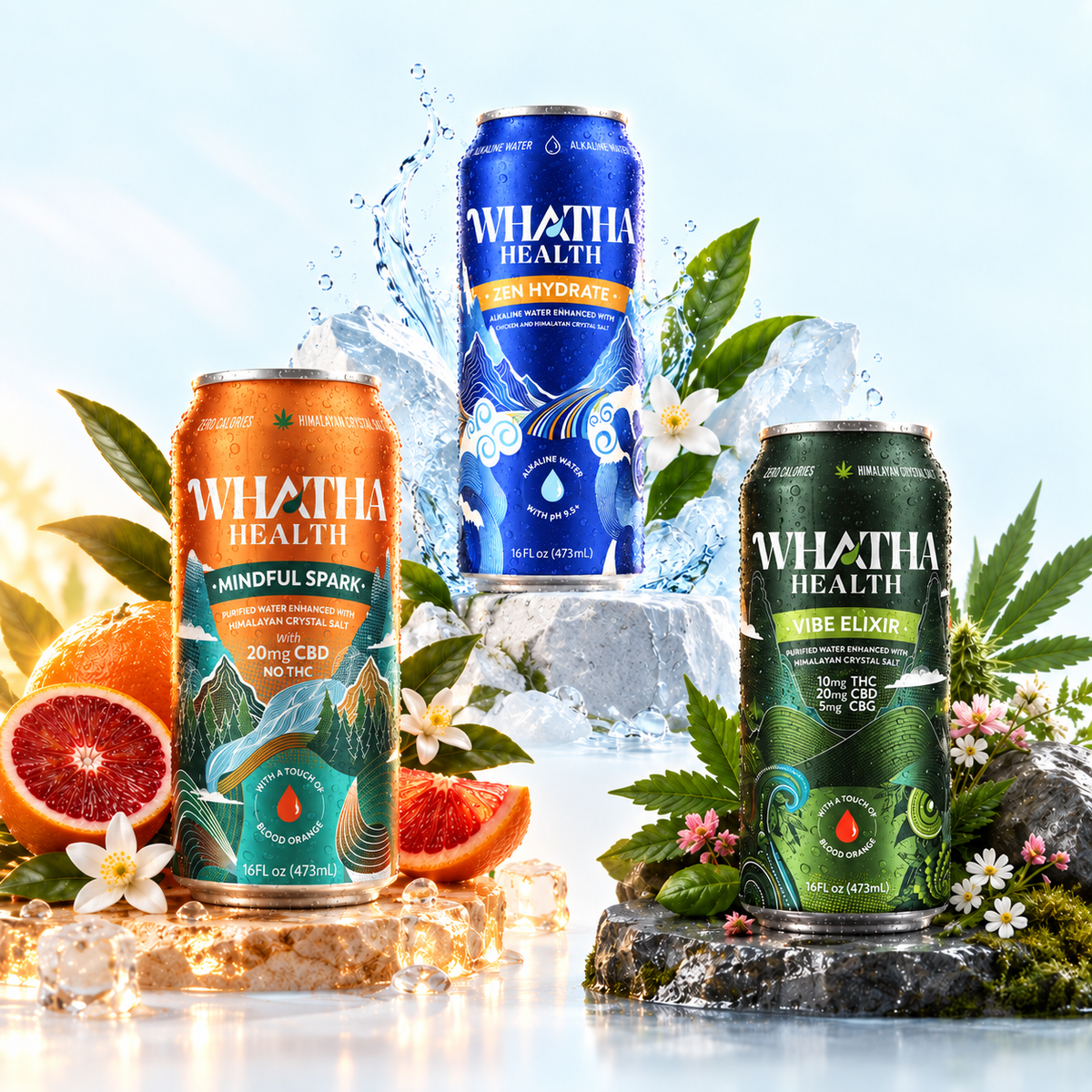 Three cans of Whatha Health beverage products